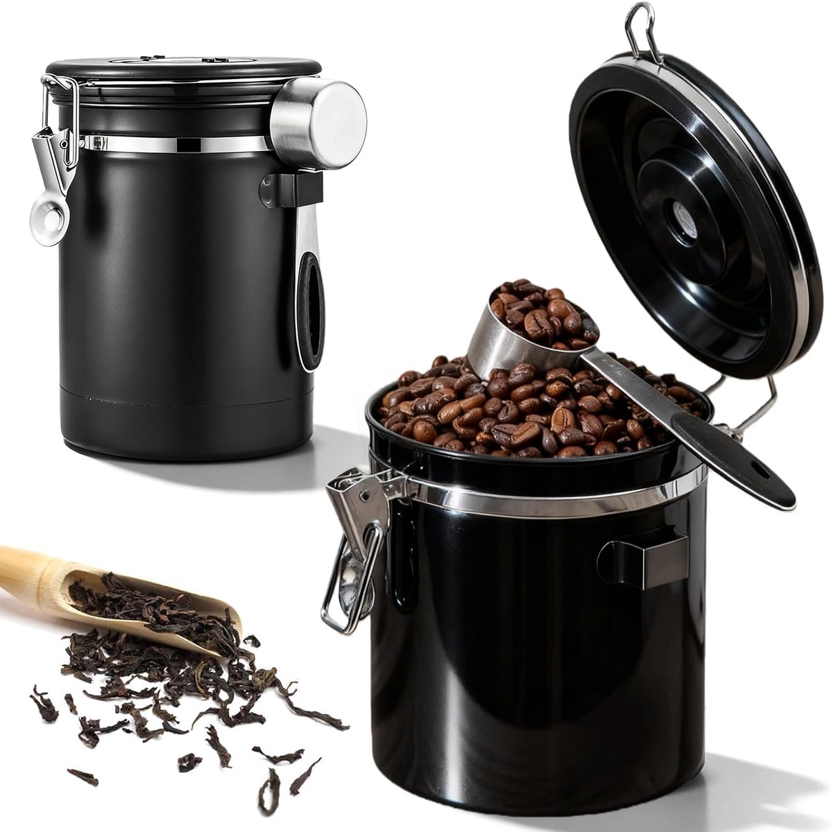 2,8 l koffieblik luchtdicht, koffiebonenhouder van roestvrij staal met maatlepel en datumweergave, koffieblik met CO2-ventiel, koffiebonenhouder voor koffiepoeder, noten, thee, suiker
