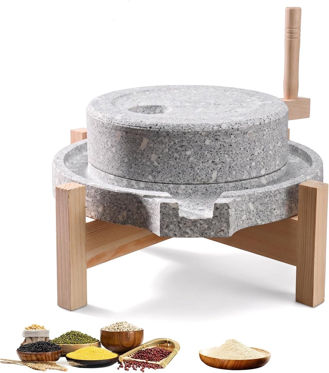 Handmatige graanmolen van natuursteen, 35 cm, handgemaakte steenmolen met houten standaard, nat/droogmolen voor tarwe, bonen, gerst, specerijen en koffie (9,8 x 13,7 inch)