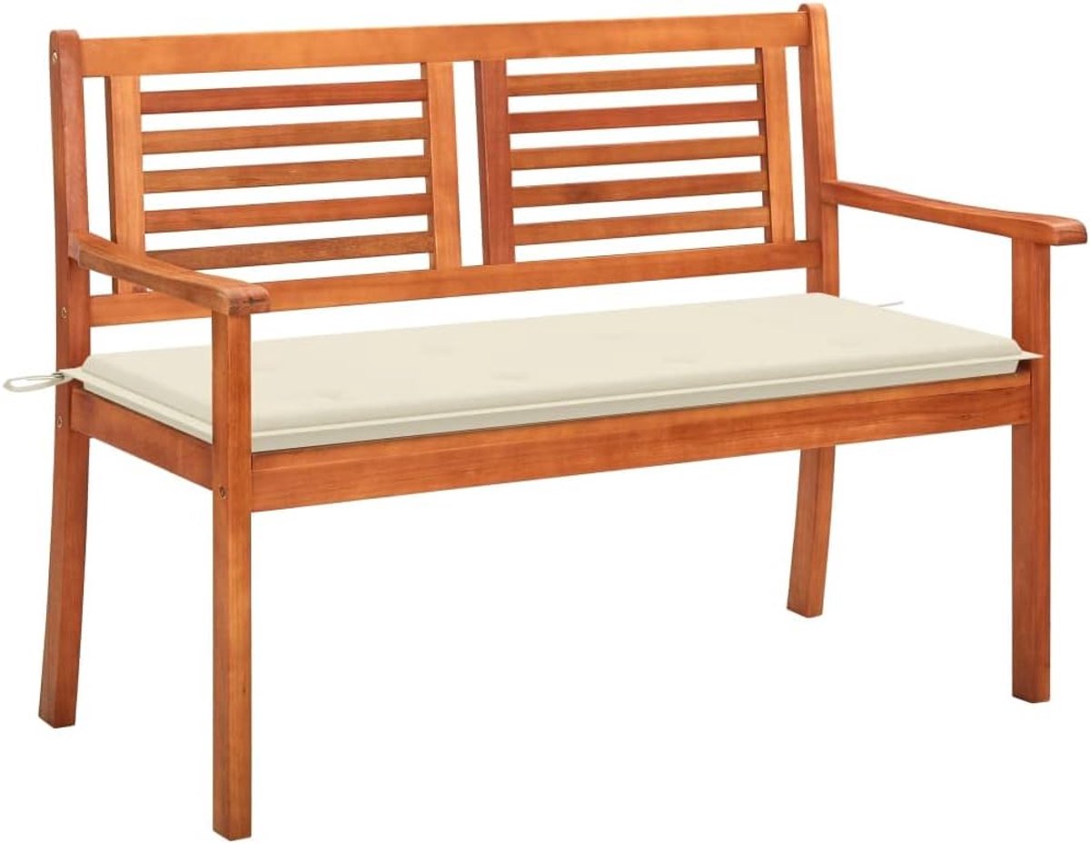 Eucalyptus tuinbank met kussen 120 cm, 2-zits houten bank, ergonomisch gevormd, oliecoating, onderhoudsvriendelijk, inclusief bevestigingsbanden, max. 110 kg per zitplaats