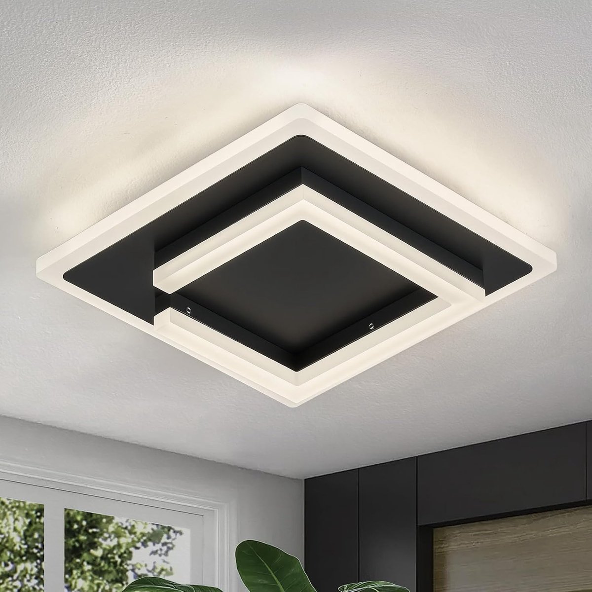 24 W, 20 cm Acryl Zwarte Plafondlamp, 4000 K Vierkante Plafondlamp voor Woonkamer, Slaapkamer, Hal, Keuken en Eetkamer