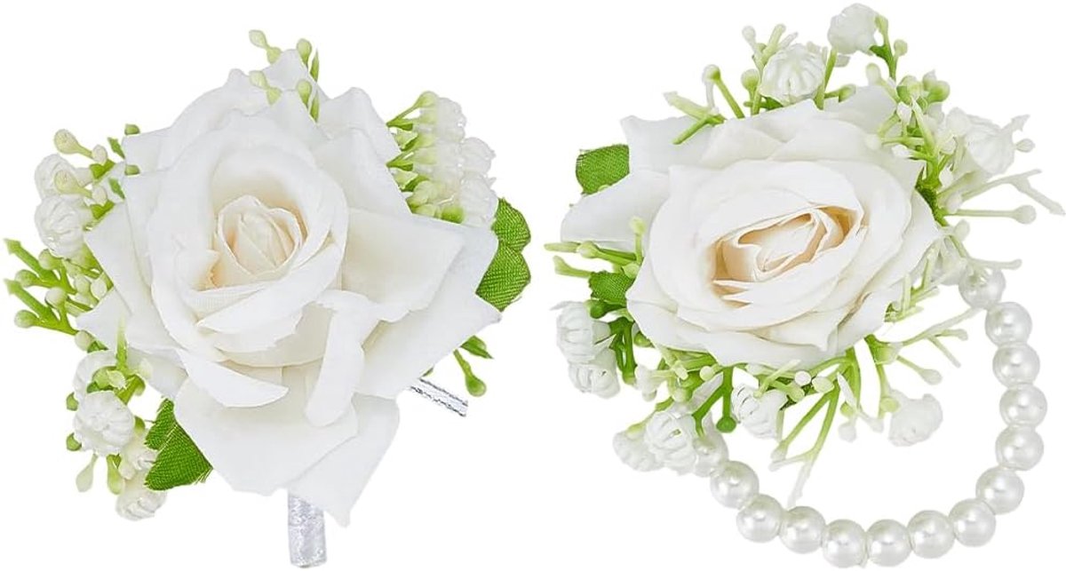 2 Stks Witte Rose Corsage en Boutonniere Set Parel Polsband Armband Kunstmatige Corsage Broche voor Bruid Bruidegom Bruidegom Bruidsmeisjes Bruidsmannen Bruiloften Prom Party Bloem