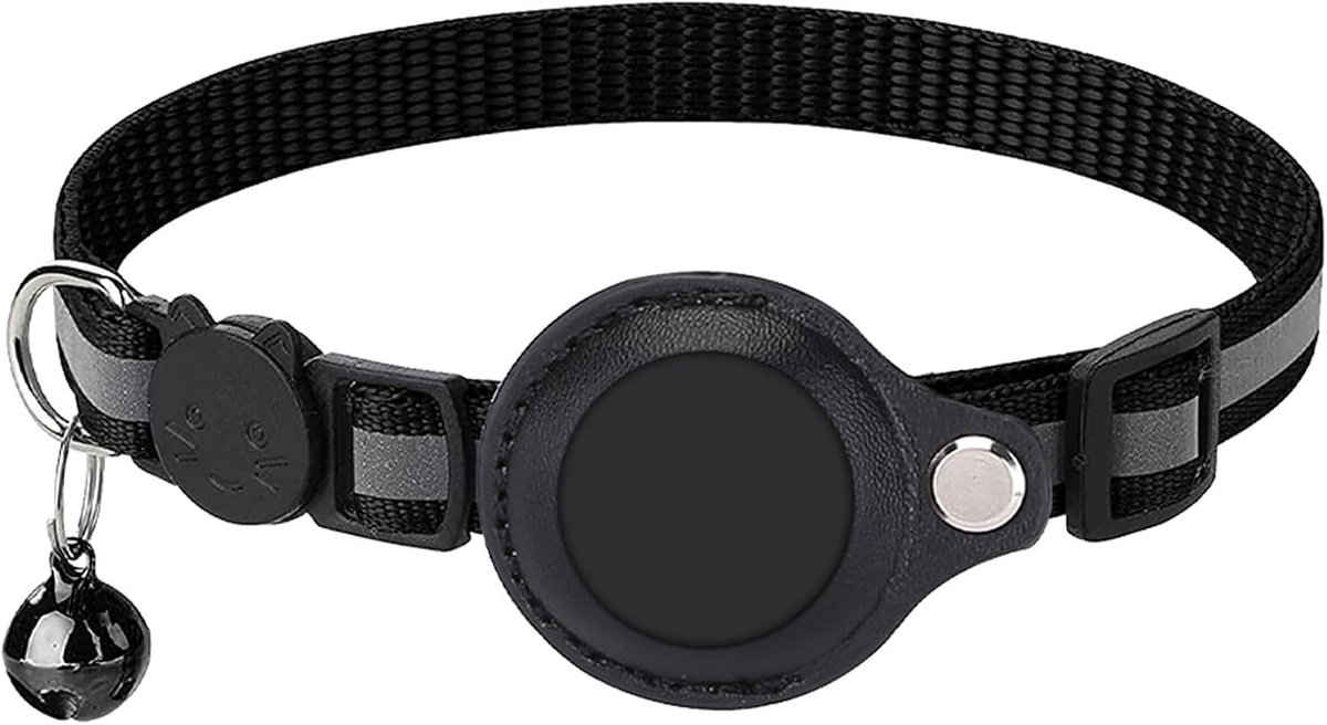 Kattenhalsband, reflecterende GPS met belgesp, verstelbare geïntegreerde trackerhouder, compatibel met Apple Airtag, zwart