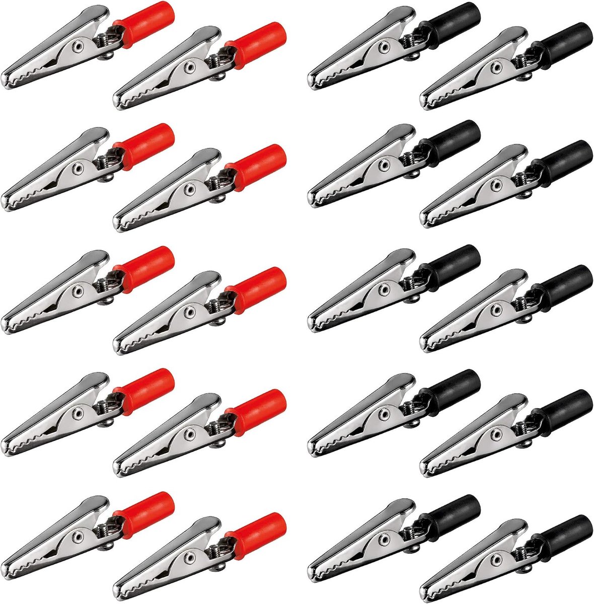 10 x krokodillenklemmenset, rood en zwart, 55 mm, met schroef, metalen klemmen, kunststof handvat, banaanstekker, grijpklemmen, alligator, elk 10 stuks