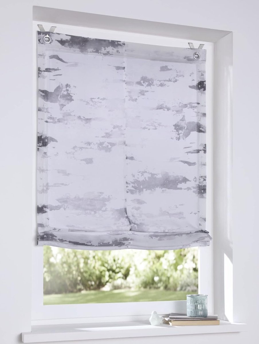 Schaduw ogen blind Claude wit, transparant, grijs bedrukt, Raffgardine zonder boren, breedte 100 x hoogte 140 cm