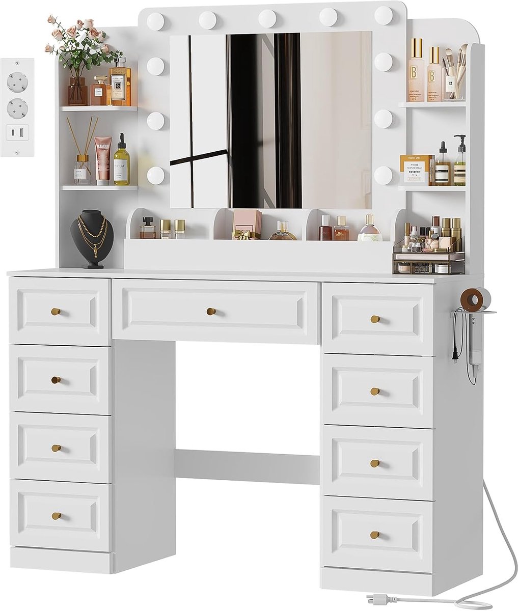 Kaptafel met spiegel en LED-verlichting, stroomstrip, 9 lades, 107 x 40 x 137 cm - Industrohome