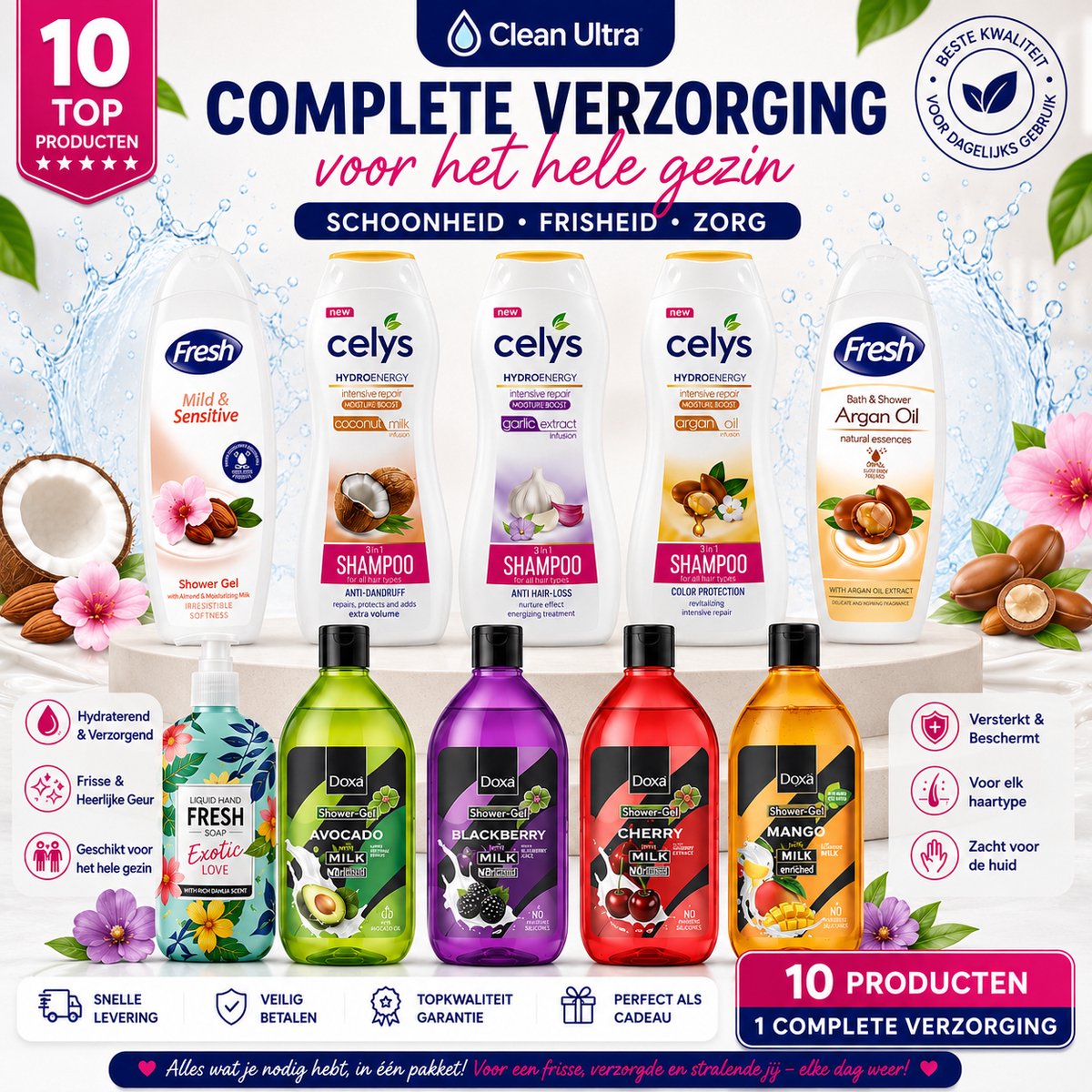 Complete Verzorgingspakket – 10 Stuks | Shampoo, Douchegel & Handzeep