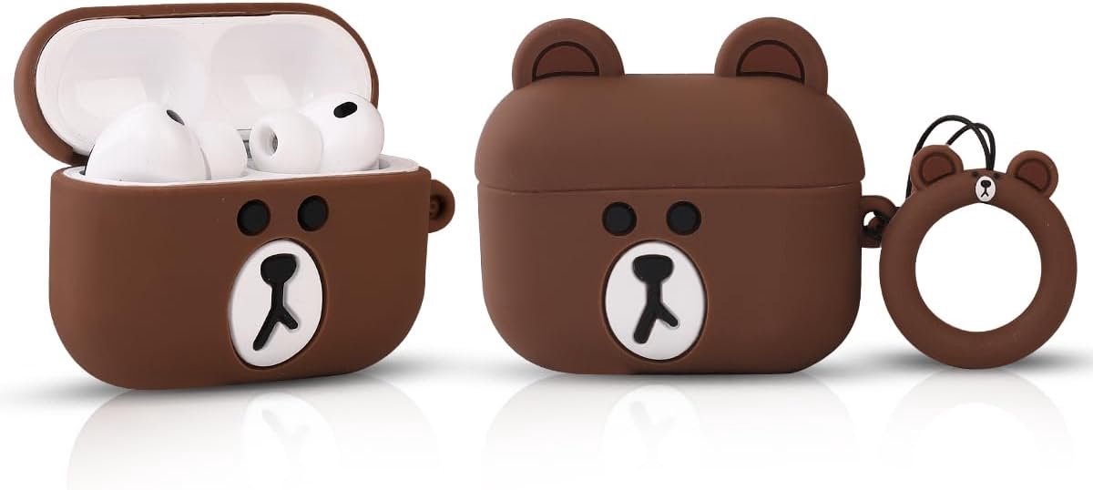 Compatibel met Apple Airpods Pro 3 Case, beschermende grappige leuke slanke cartoon cover met sleutelhanger (Small Brown Bear)