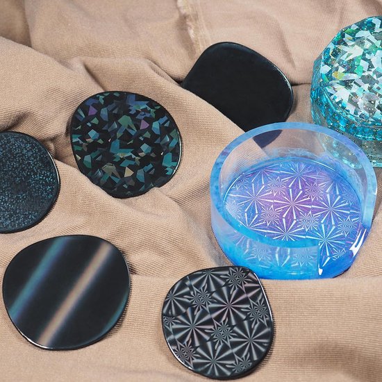 Siliconen vormen met inzetstukken, 4 verschillende gietvormen van epoxyhars, holografische siliconen inzetstukken voor het aanbrengen van holografische motieven in hars, zegelwas, snoep — afbeelding 4