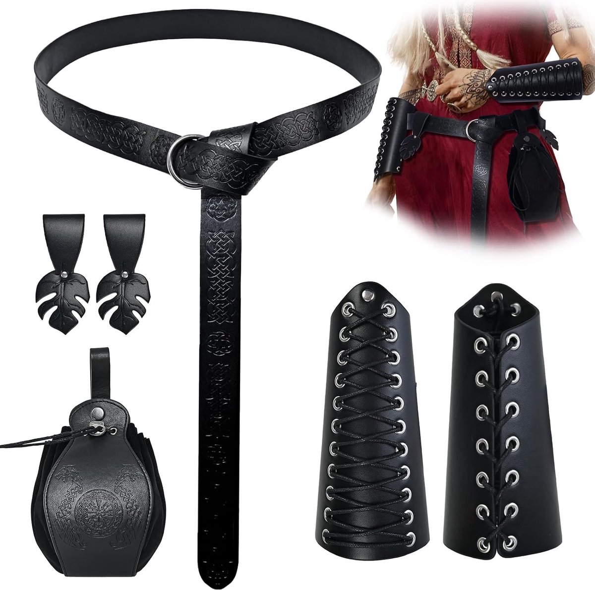 Necromantenpak, middeleeuwse accessoireset, middeleeuwse armrails, middeleeuwse riem, vintage riemtas, riemlus voor cosplay, piraten, heks ridder, renaissance-kostuum