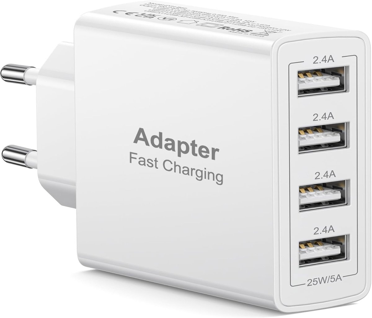 USB-oplader, 25 W 4-poorts USB-aansluiting Meervoudige snellader iPhone, meervoudige oplader AC-adapter voor iPhone 16 15 14 13 12 11 Pro Max X XS XR 8 7, iPad, Samsung Galaxy, Xiaomi
