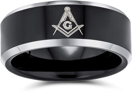 Jewelry lasergeëtste vierkant & kompas vrijmetselaar Masonic zwarte band wolfraam ringen voor heren comfort Fit 8 MM — afbeelding 2