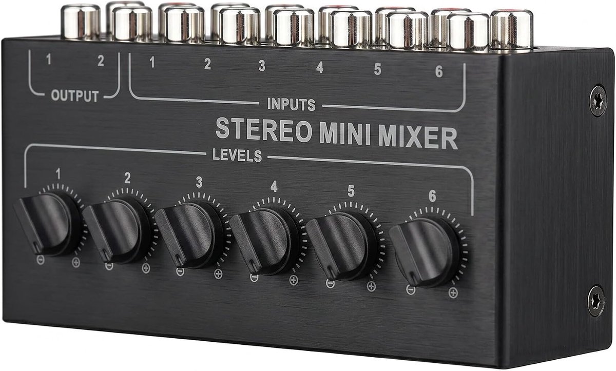 Stereo Audio Mixer Audio Interface, 6 Kanaals Stereo Passieve Mixer, 6 Ingangen en 2 Uitgangen Stereo Distributeur, Afzonderlijke Volumeregelaars voor DJ/Karaoke