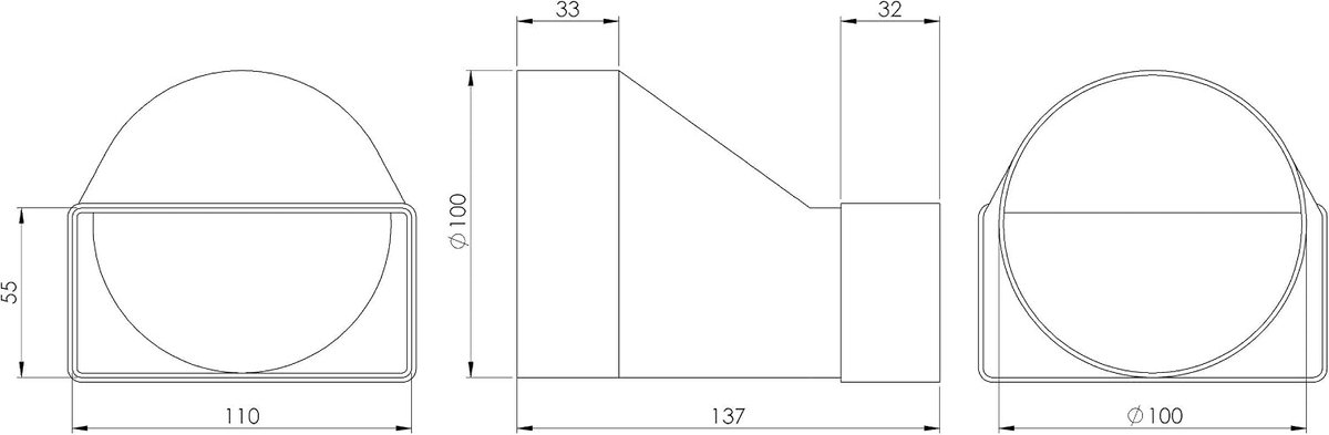 110x55mm - Ø 100mm Rechthoekige naar Ronde Buisadapter - Kunststof Koppelstuk, Verloopstuk