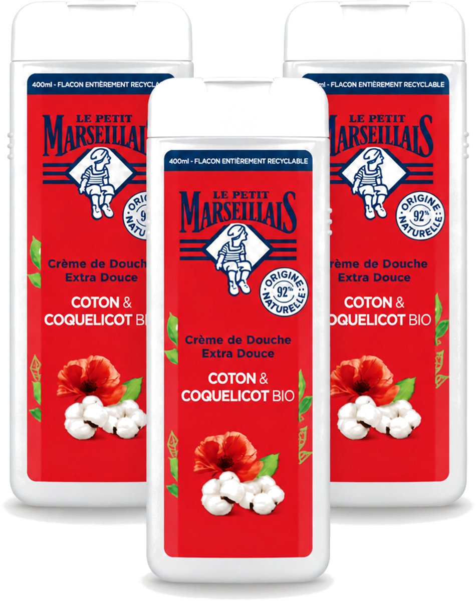 3 x Le Petit Marseillais – Douchegel – Bio Katoenmelk & Papaver – 400 ml - Voordeelverpakking - 3 stuks