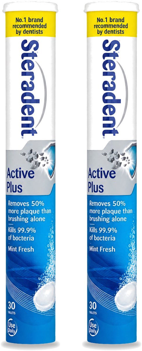 2 x Steradent - Reinigingstabletten - Active Plus - Tegen Tandsteen & Bacteriën - 30 Tabletten - Voordeelverpakking - 2 stuks