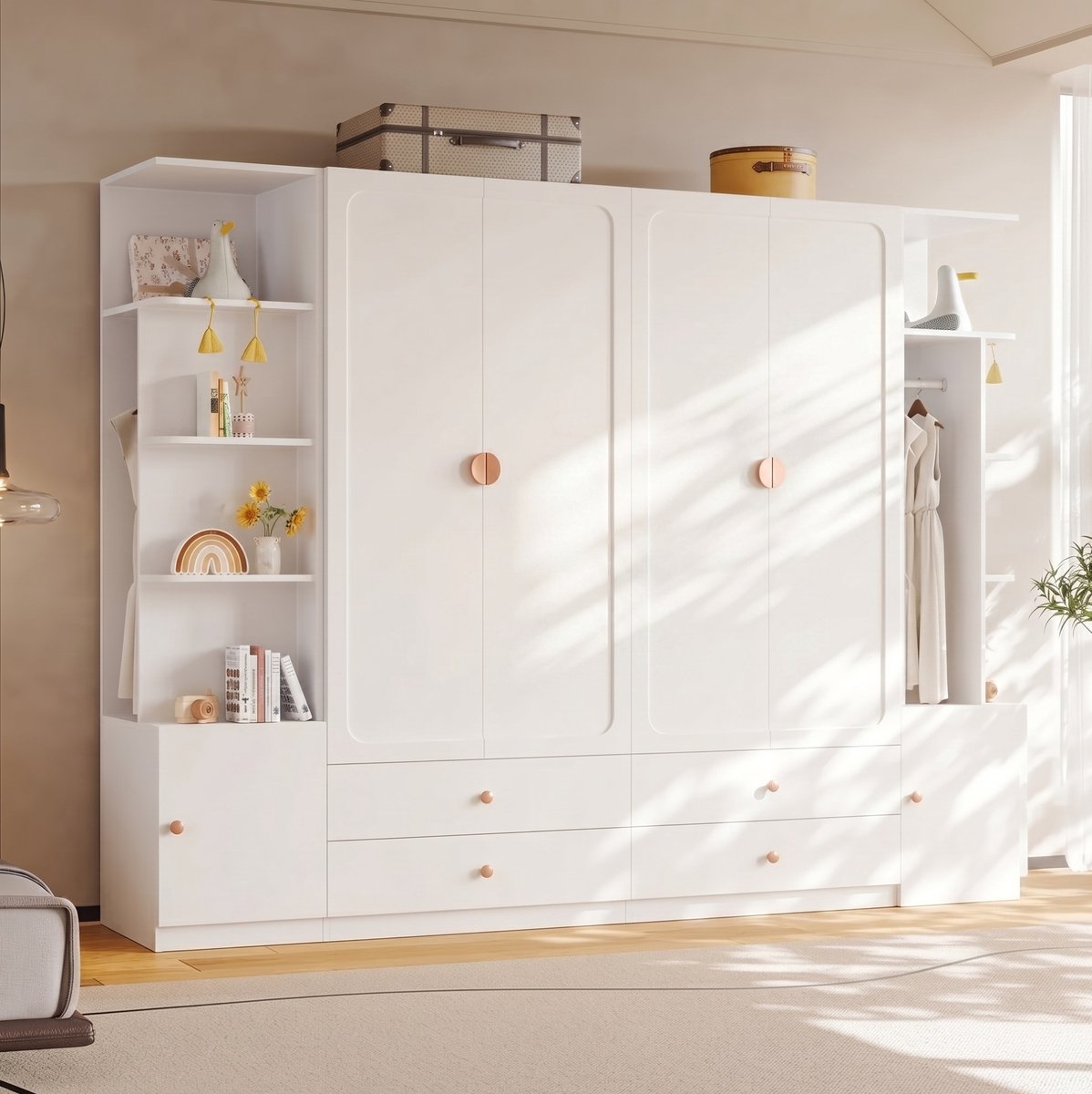 OKWISH Kledingkast - 6 Deuren En 4 Lades - 4 Kledingstangen - Voor Slaapkamer En Kleedkamer - Hout MDF Staal Wit - 270 x 45 x 200 cm