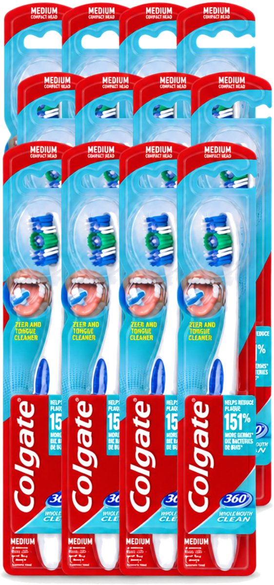 12 x Colgate - Tandenborstel - 360 Whole Mouth Clean Medium - Wit/Blauw - 1 Tandenborstel - Voordeelverpakking - 12 stuks