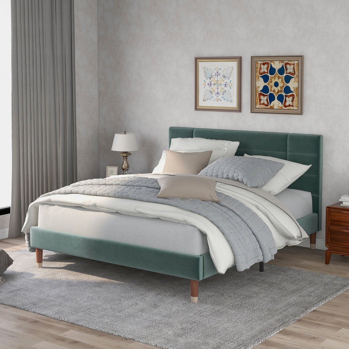 WUVRIE Tweepersoonsbed 140x200 cm met lattenbodem, hoofdbord en 7-zone pocketveringmatras, donkergroen