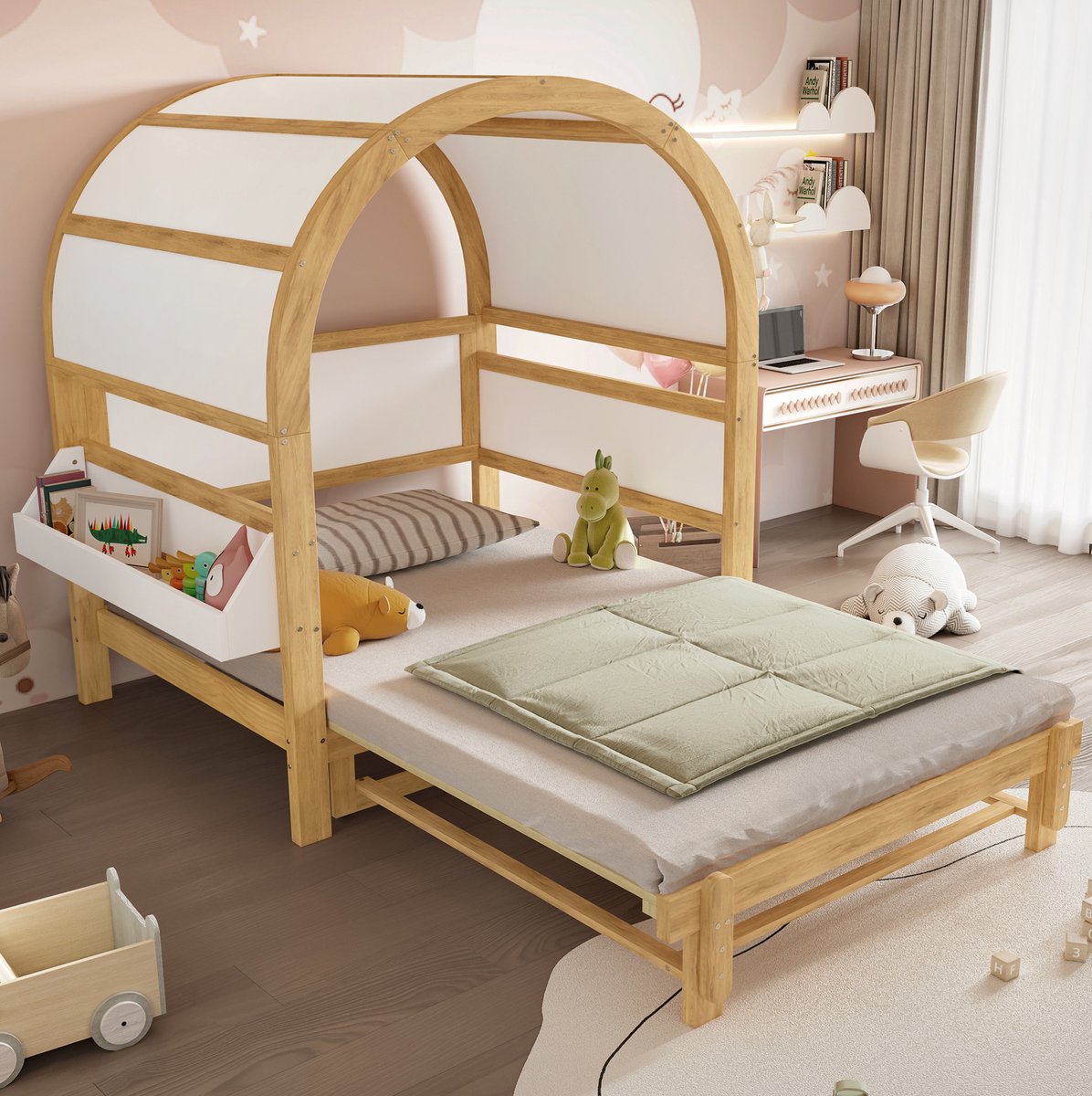 WUVRIE Uitbreidbaar kinderbed 140x200 cm met uitschuifbed, gewelfd huisdak en zijplank, wit/naturel