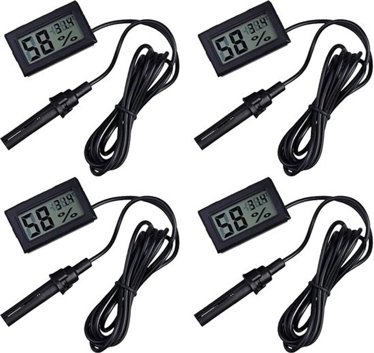 Digitale LCD-sensor - Thermometer-hygrometerset - Reptielincubator meten - Externe lange sonde - 4 stuks zwart