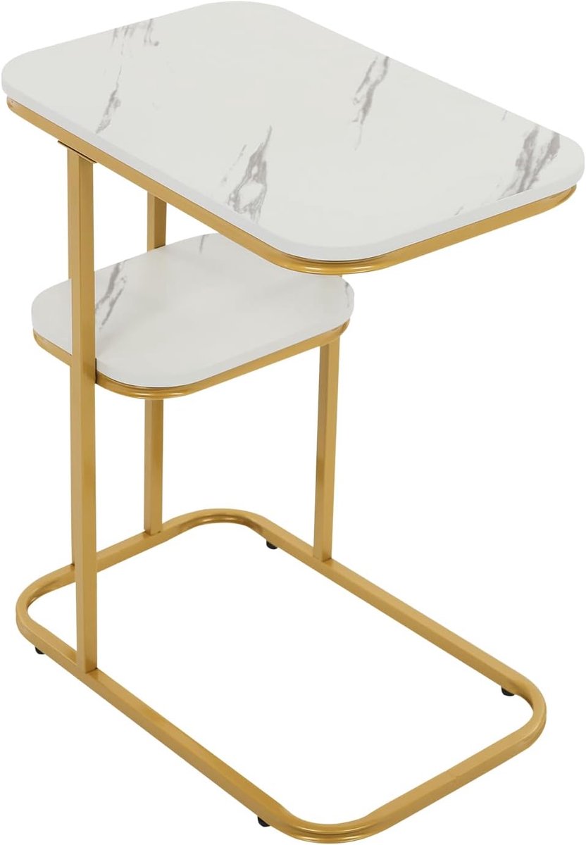 Bijzettafel, 2-traps, bankbijzettafel van dichtheidsplaat en ijzer, 50 x 30 x 58 cm, goud-wit, salontafel met marmerachtig tafelblad voor woonkamer, bed en laptop