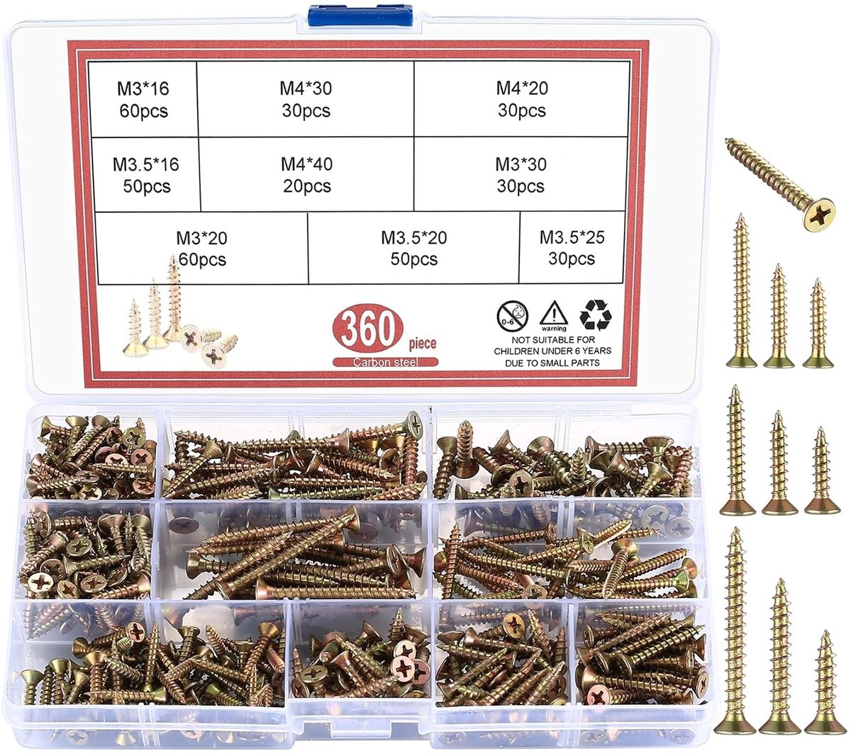 360 Stuks Houtschroeven Set - Universele Verzinkte Zelftappende Schroeven voor Chipboard en DIY Projecten