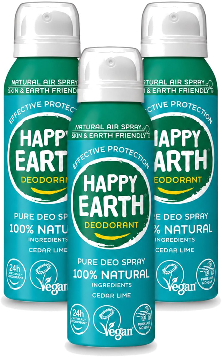 3 x Happy Earth – Deodorant Natural Air Spray – 100% Natuurlijk Cedar Lime – 100 ml - Voordeelverpakking - 3 stuks