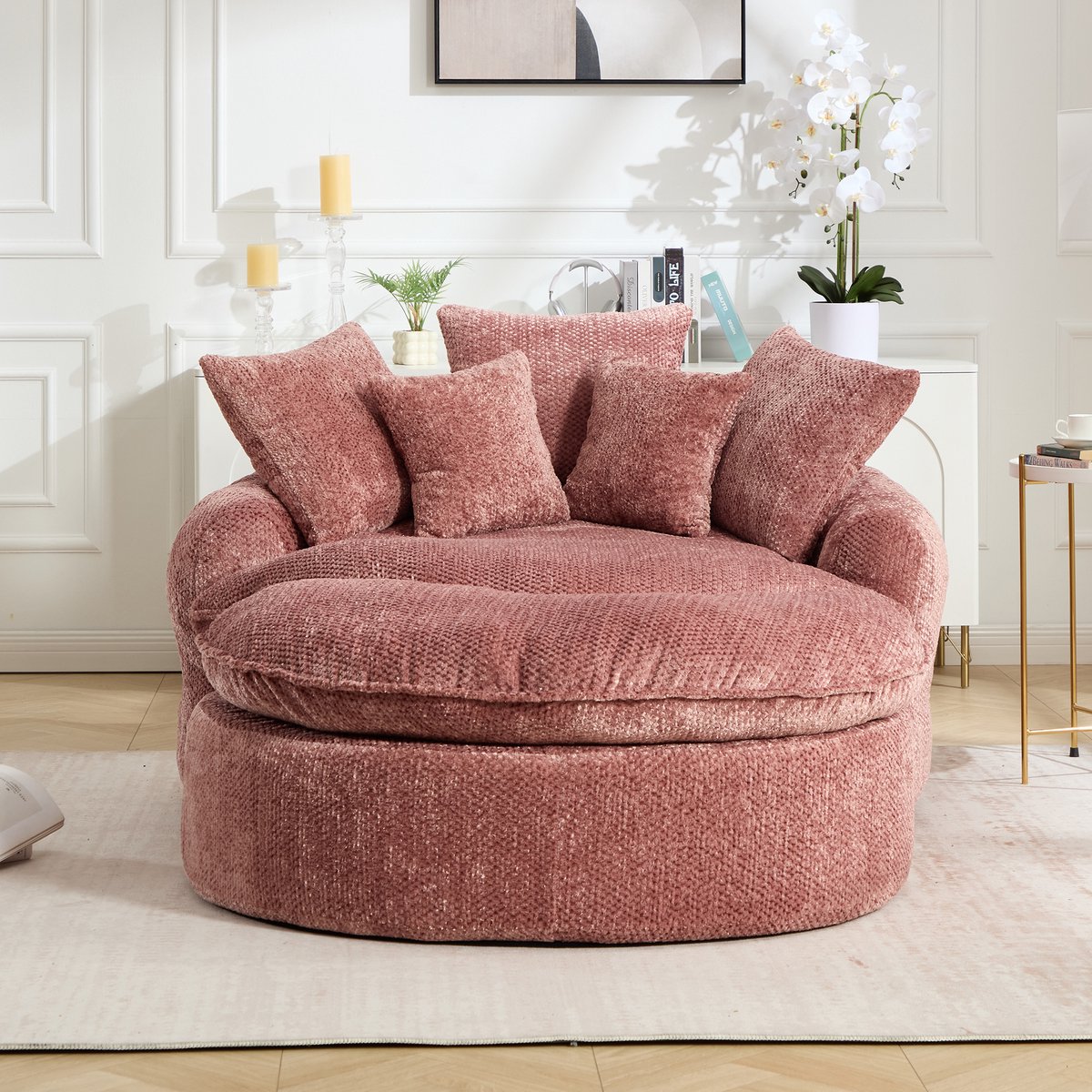OKWISH Fauteuil 190,5 x 138 x 63 cm - Extra Grote Ronde Loungefauteuil Met Kussens - Voor Woonkamer En Projectiekamer - Polyester - Roze