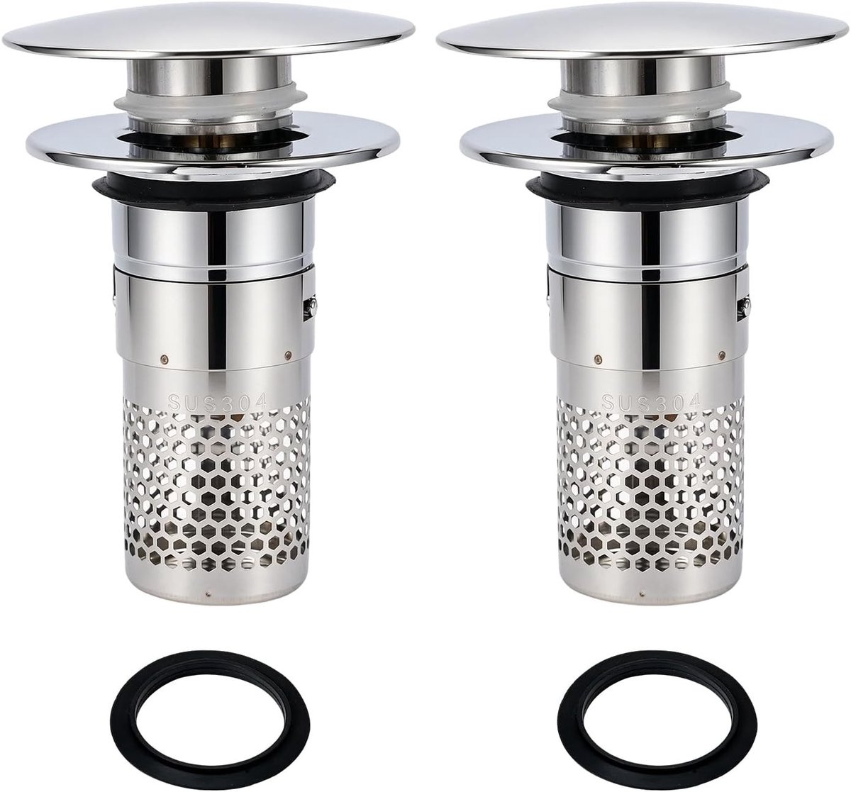Set van 2 Pop-Up Wasbak Stoppen met RVS Hoofd en Haarfilter - Verwijderbare Filtermand voor Wastafel, Bidet en Keukensink