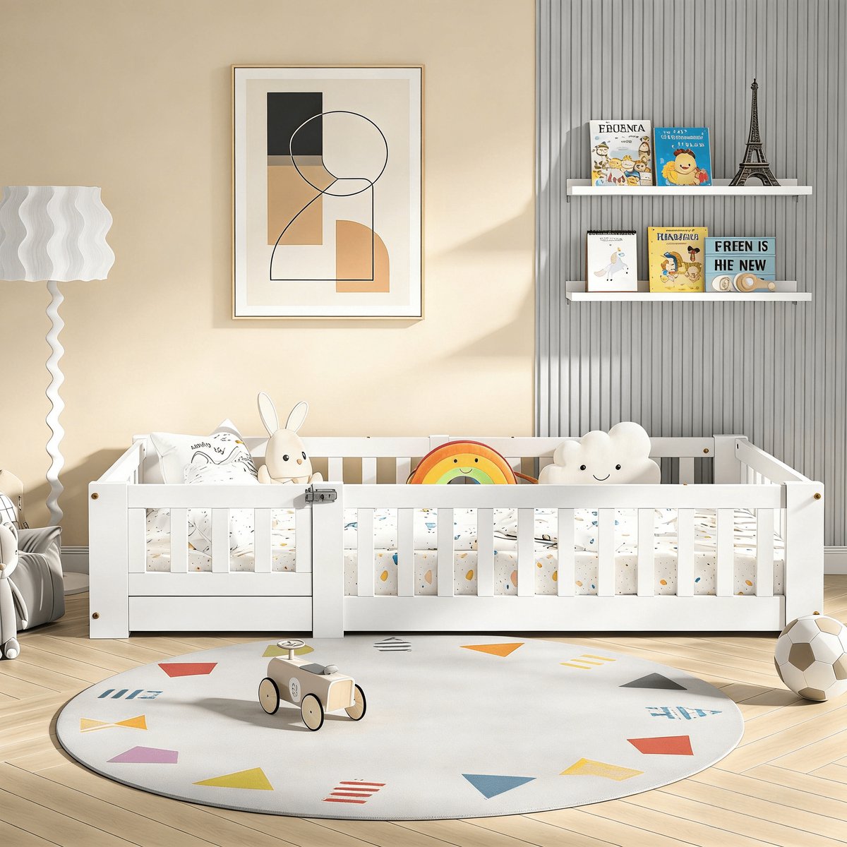 120 x 200 cm Kinderbed vloerbed, Montessori-bed met veiligheidshek en lattenbodem, Eenpersoonsbed voor tieners, Massief hout, Wit