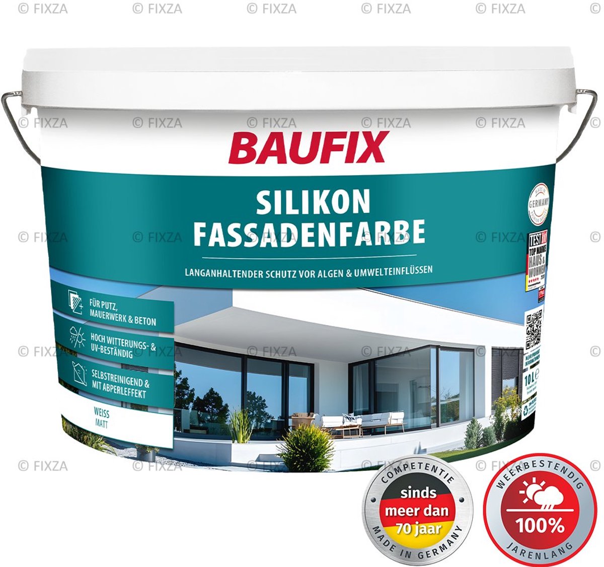 BAUFIX Silikon Gevelverf Buiten Wit Mat 10L – Waterafstotend & Dampopen – Voor Baksteen, Beton & Stucwerk – Weerbestendig