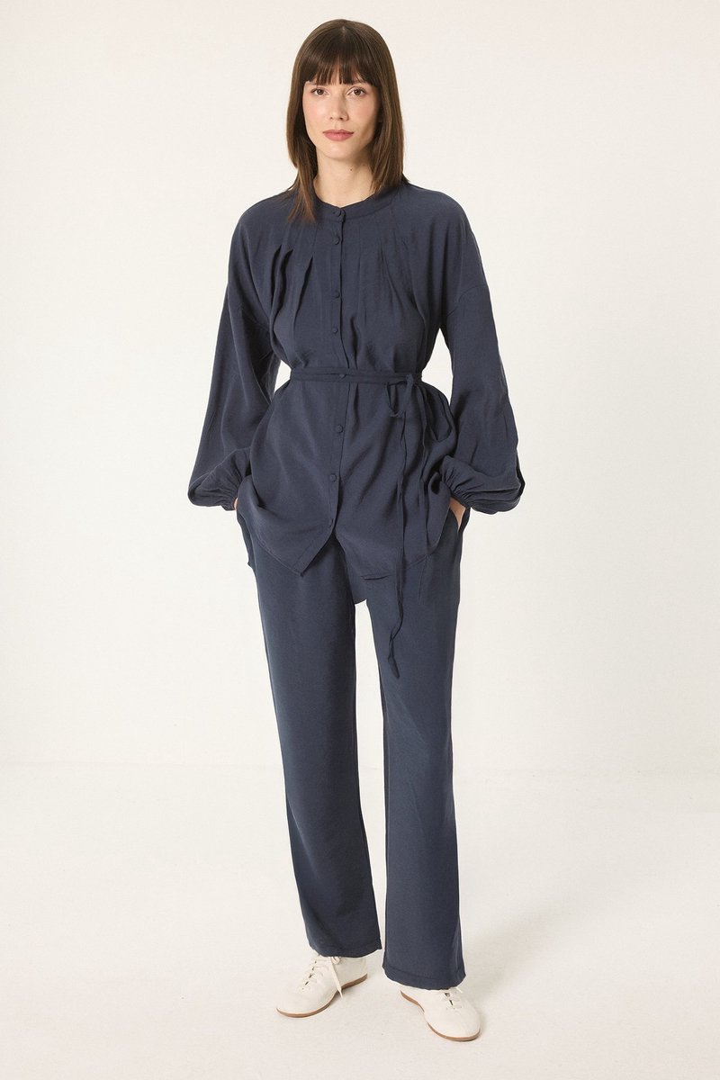 Touché Privé - Geplooide modal set van tuniek en broek - Marineblauw - Dames