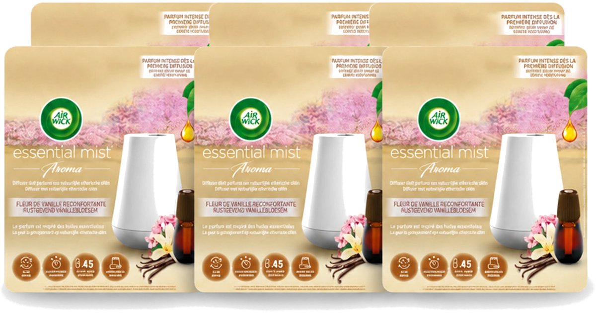 6 x Air Wick Essential Mist - Elektrische Geurverspreider - Starterkit - Rustgevende Vanillebloesem - 20ml - Voordeelverpakking - 6 stuks