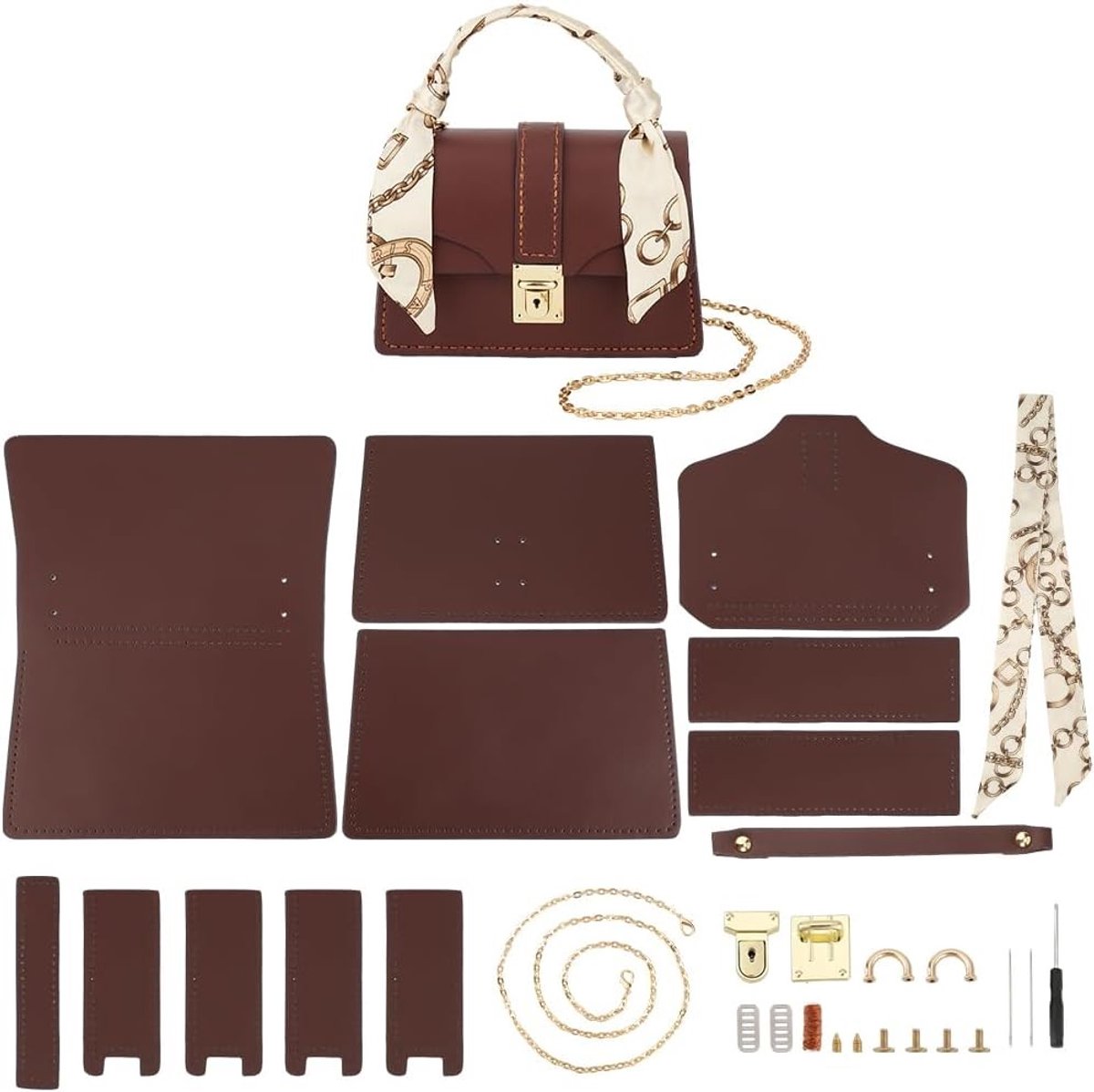 DIY PU Leren Tas Maakset voor Vrouwen, Handgemaakte Schoudertas en Crossbody Tas, Inclusief Naaimaterialen en Patroon, Perfect als Verjaardagscadeau, Bruin