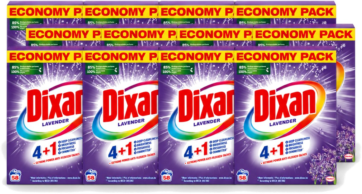 12 x Dixan - Waspoeder en Vlekverwijderaar - Witte en Gekleurde Was - Lavendel - 58 Wasbeurten - Voordeelverpakking - 12 stuks