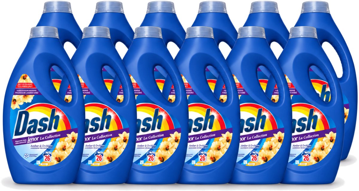12 x Dash - Lenor Collectie - Vloeibaar Wasmiddel - Witte en Gekleurde Was - Amber & Orchidee - 26 Wasbeurten - Voordeelverpakking - 12 stuks
