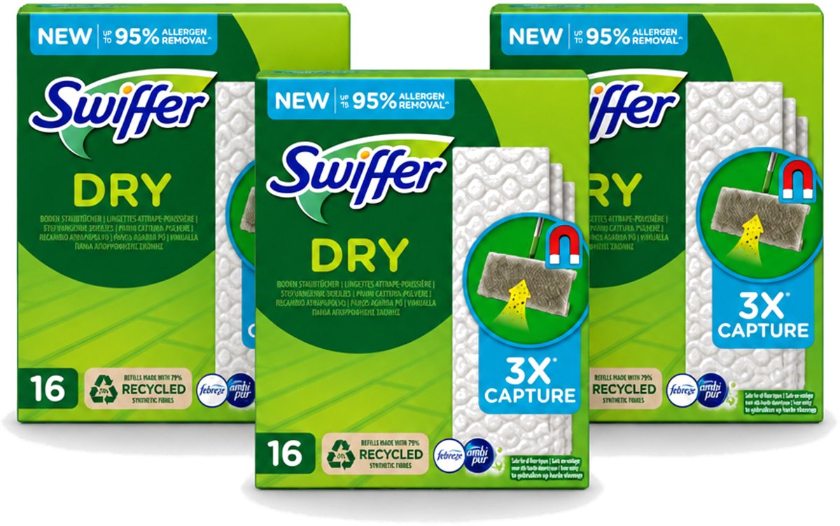 3 x Swiffer – Vloerdoekjes – Dry Navullingen – 16 doekjes - Voordeelverpakking - 3 stuks