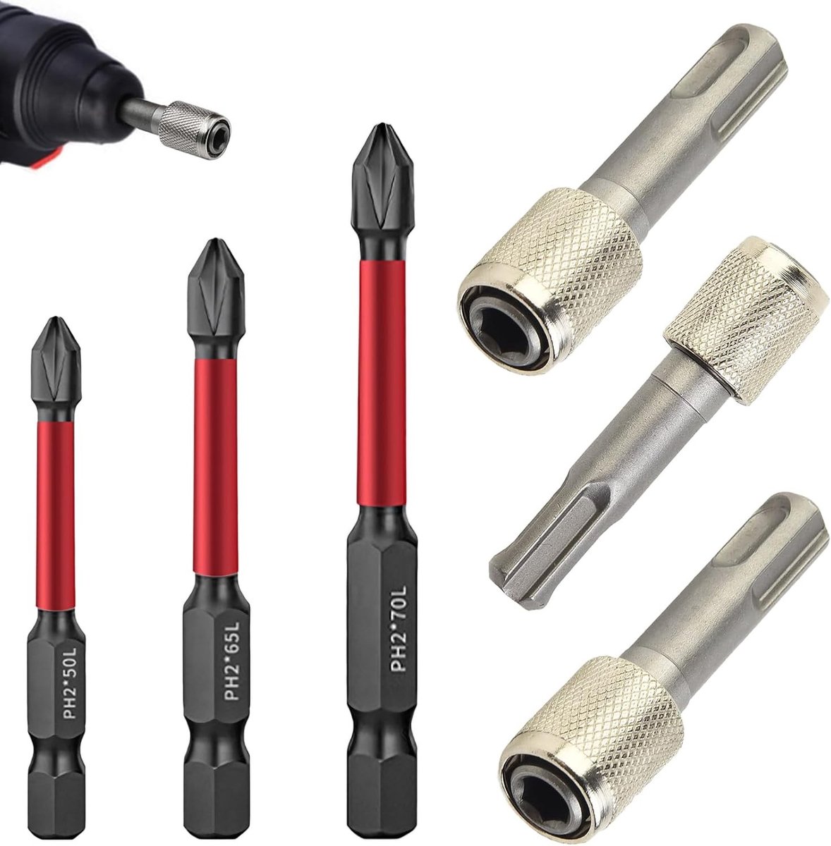Adapters voor SDS Plus met 3 Stuks 6.35 mm Boorhouder - Inclusief 50 mm, 65 mm en 70 mm Kruisboor - Hex Shank Boorhouder voor Standaard Boorkoppen en Tuinprojecten