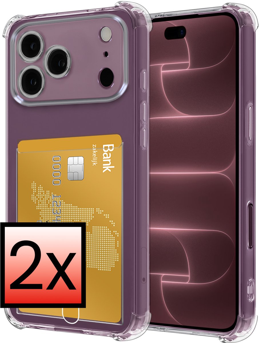 Hoesje - 2 Stuks - Geschikt voor Apple iPhone 18 Pro - Met Pashouder en Kaarthouder - Telefoon Hoes Shockproof - Siliconen Case - Back Cover - Shock Proof - Pasjes Houder - Transparant