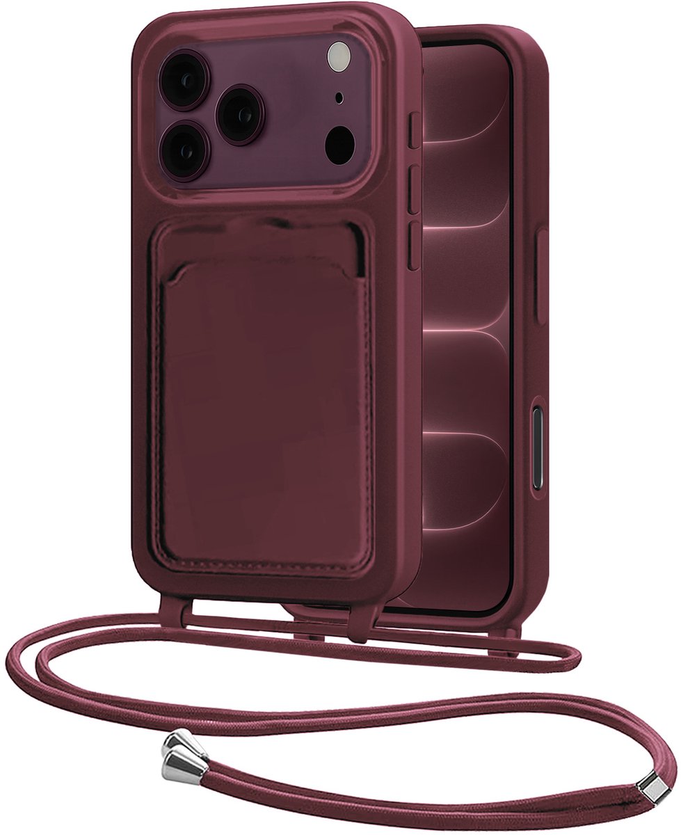 Hoes Geschikt voor iPhone 18 Pro Met Telefoonkoord - Siliconen Hoesje Backcover Met Ketting - Aubergine