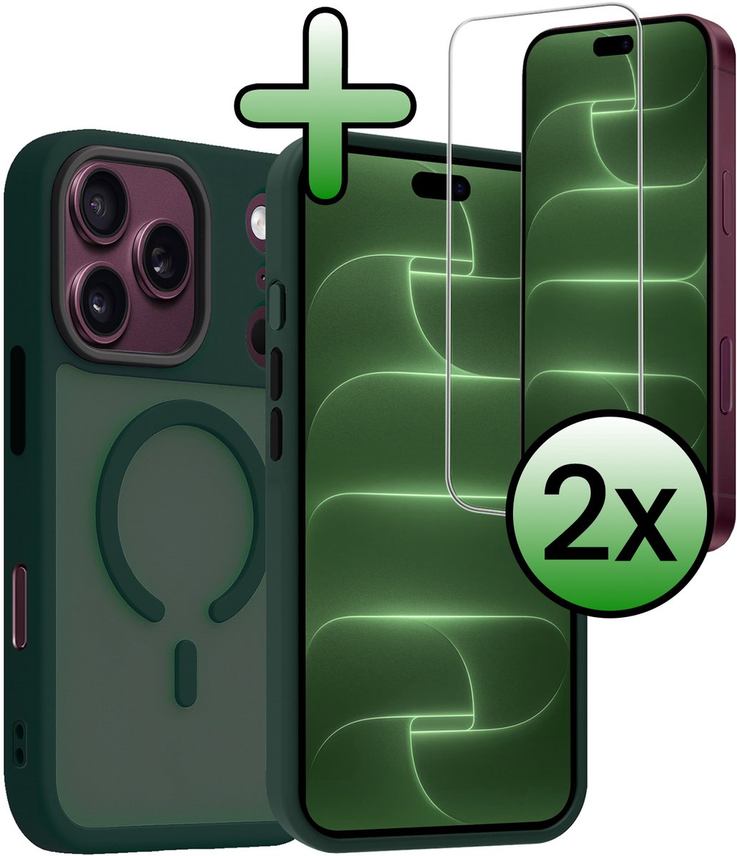 Hoesje Met 2x Screenprotector - Geschikt voor Apple iPhone 18 Pro - Magsafe Compatible - Sterk & Shockproof - Back Cover - Shock Proof Case - Telefoon Hoes - Donkergroen