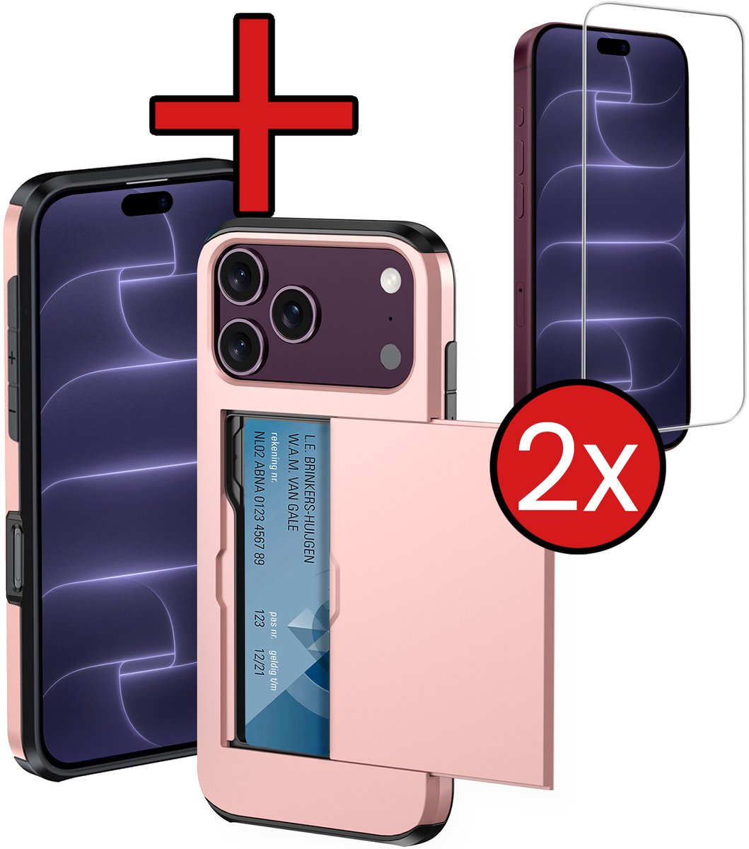 Hoesje Geschikt voor iPhone 18 Pro Max Hoesje Met Pasjeshouder Hard Case Met Kaarthouder Met 2x Screenprotector - Hoes Geschikt voor iPhone 18 Pro Max Hoesje Pashouder Case - Rosé goud