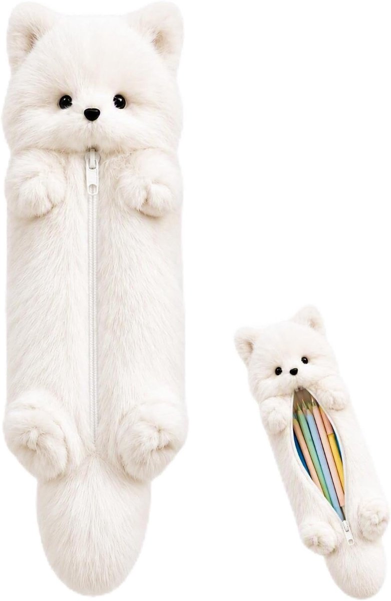 Pennenetui, pluche etui diermotief, potloodtassen, schrijfwaren-organizer, wit, Etui