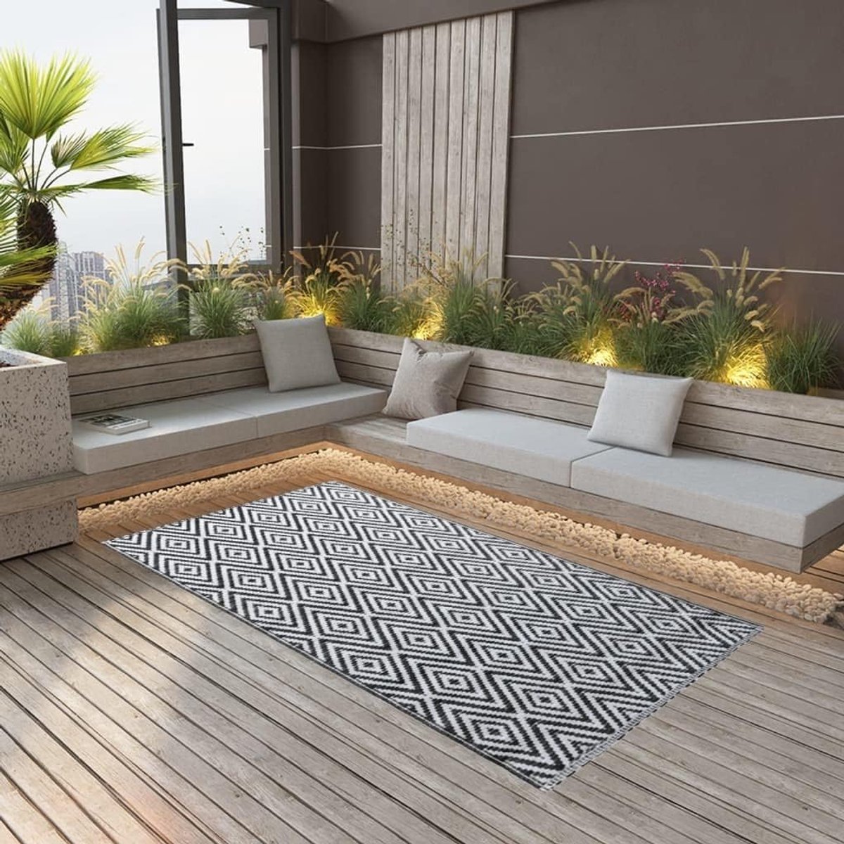 Tapijt 160x230 cm ARAKIL balkon terras woonkamer kunststof mat zwart wit weerbestendig aan beide zijden omkeerbaar