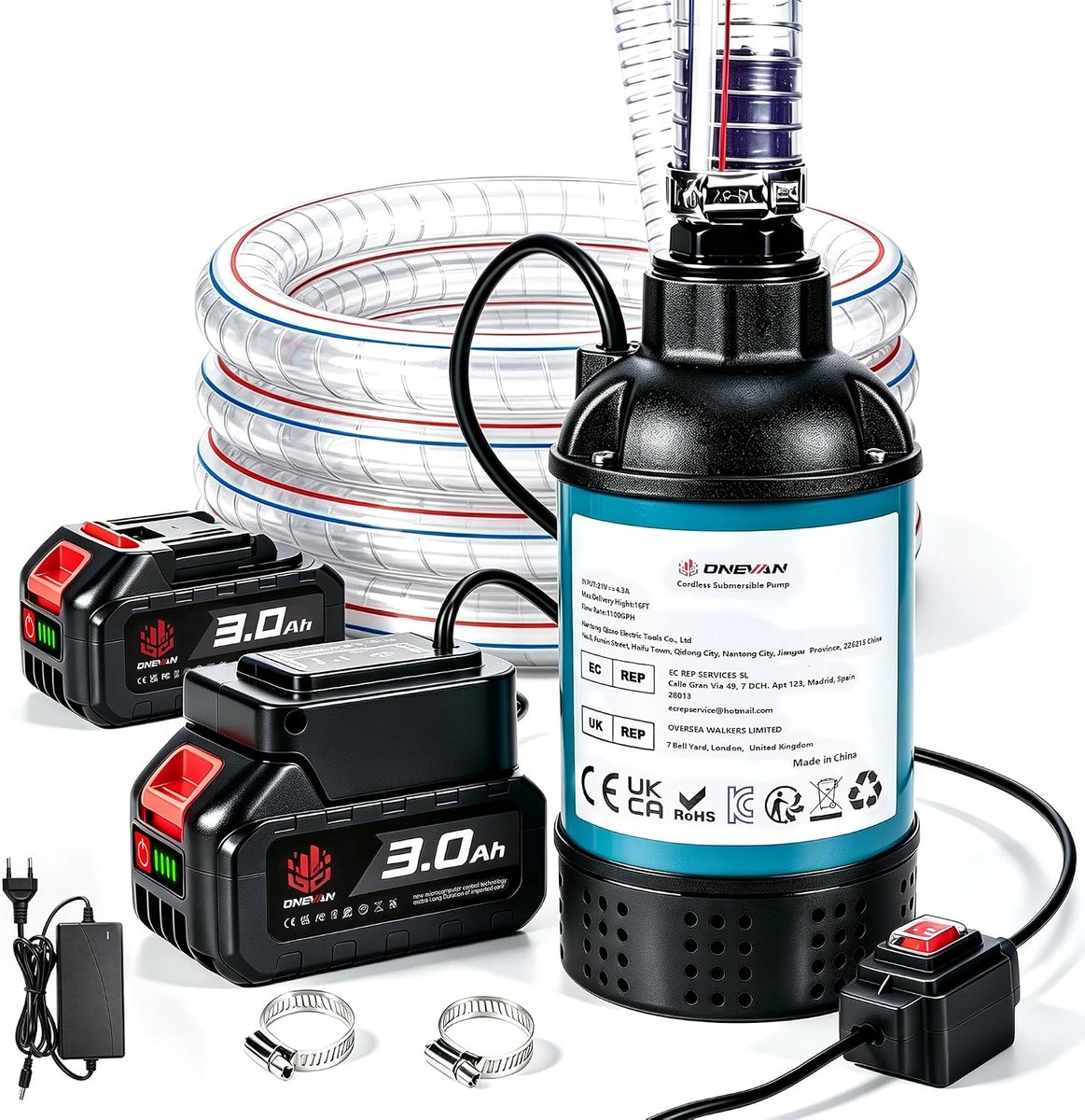 ONEVAN Accudompelpomp met 2 x 3,0 Ah accu en 2 m slang, 4164 l/h waterpomp - ShopVlot