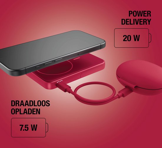 Een zwarte smartphone wordt draadloos opgeladen door een rode magnetische powerbank.