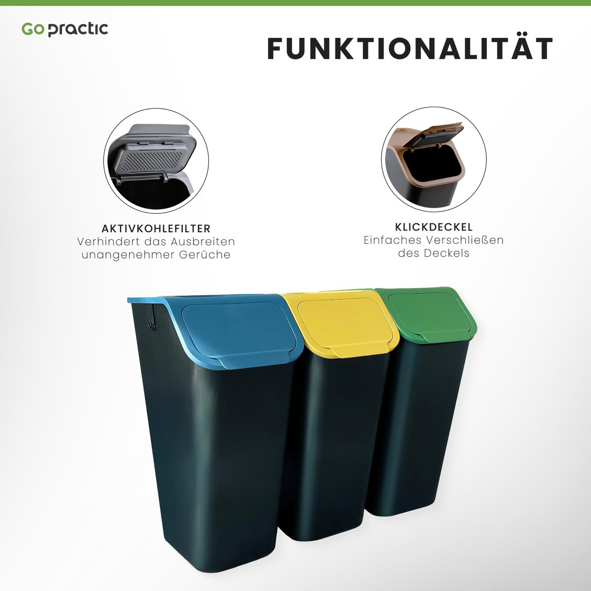 Go Practic Set van 3 vuilnisbakken, afvalscheidingssysteem, 3 x afvalemmer van 35 liter, met deksel, stapelbaar - ShopVlot