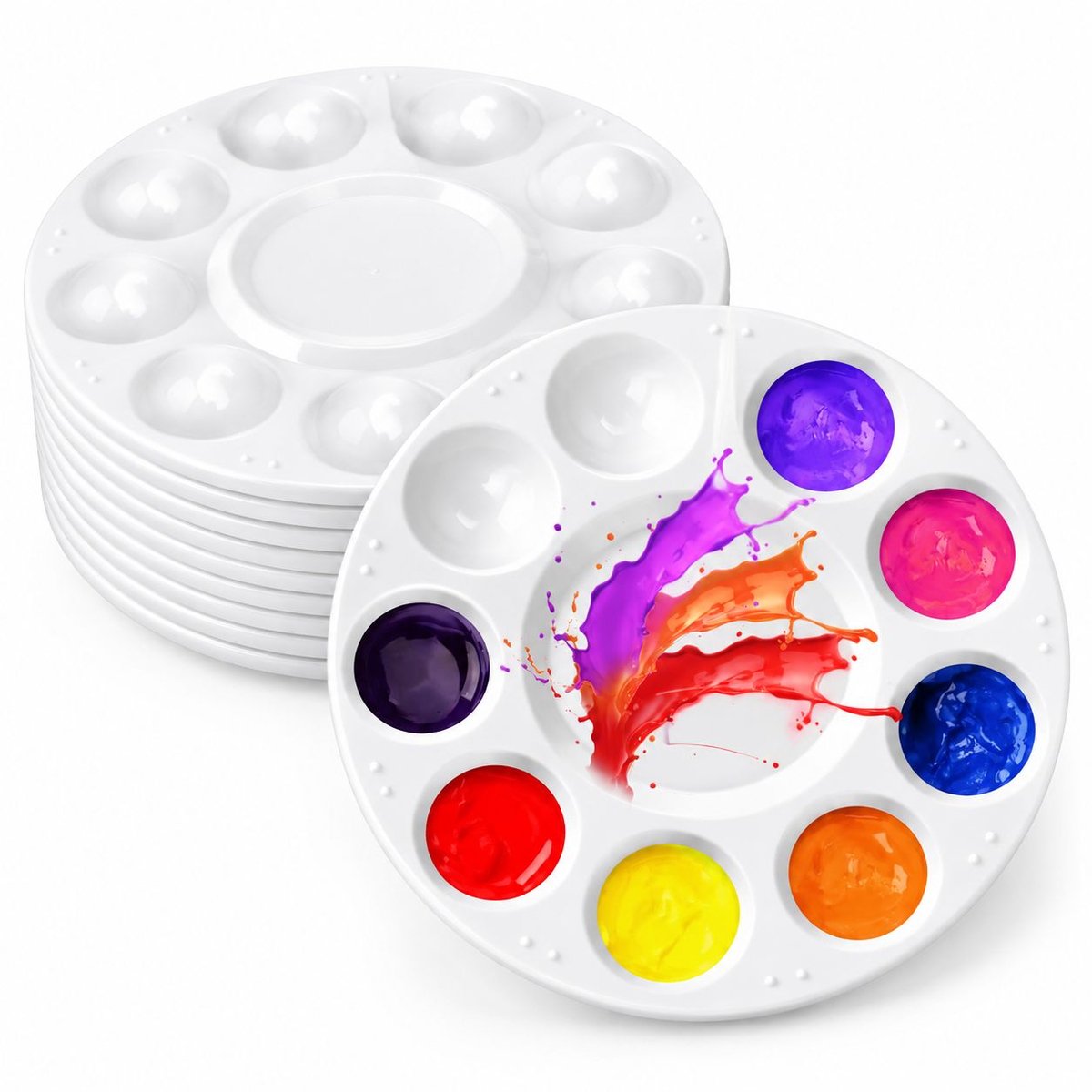 VHV - 8 stusk schilderspalet - Wit - Ronde kunstpalet tray - Kunstpalet mengpalet - 10 mengbakjes - Palette - Verftraypaletten - voor schilderen