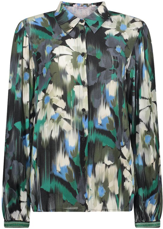 Blouse met wijde mouwen en een abstracte bloemenprint in groen, blauw en wit. Groene, geborduurde boorden.