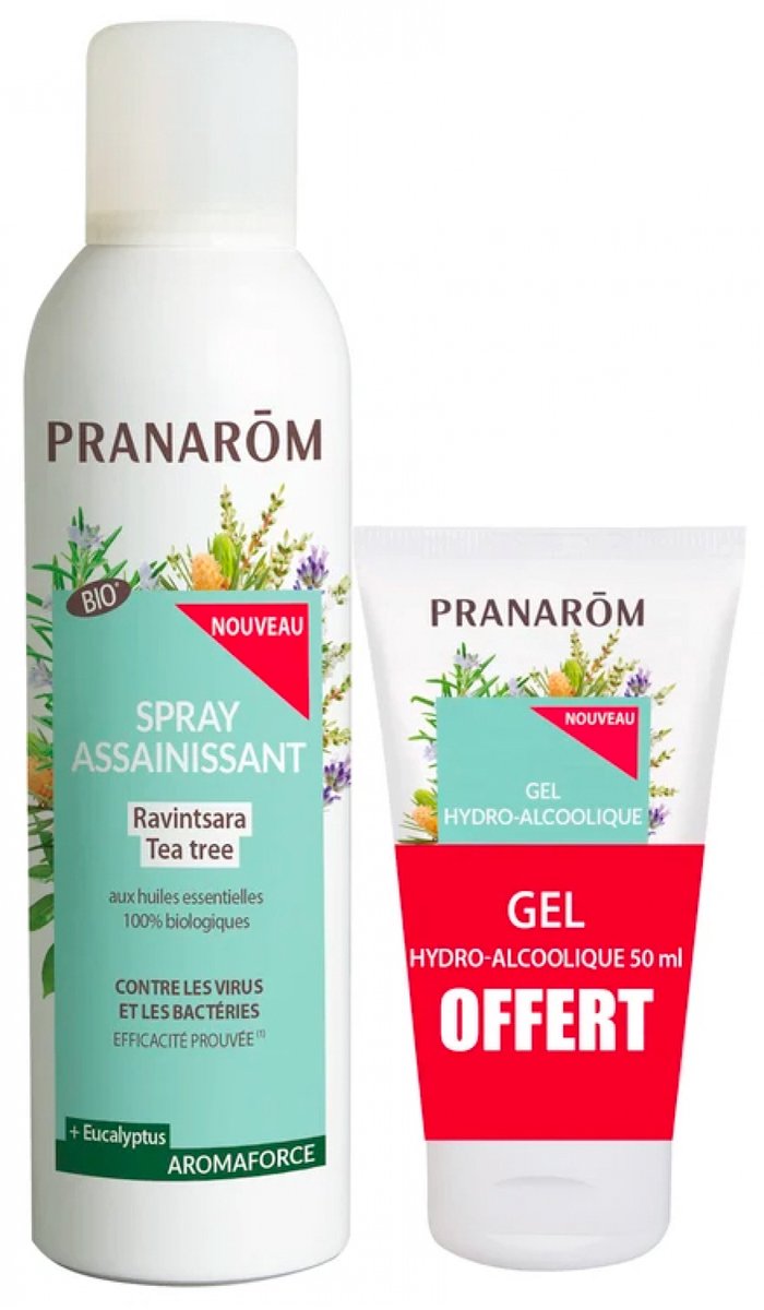 Pranarôm Aromaforce Zuiverende Spray Ravintsara Tea Tree Biologisch 150 ml + Hydroalcoholische Gel 50 ml Gratis